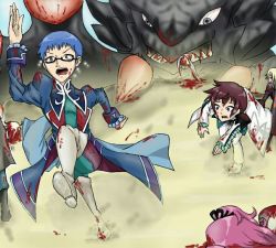 Rule 34 | 3girls, 4boys, artist request, asbel lhant, battle, blonde hair, blood, blood on face, blue eyes, blue hair, bodysuit, boots, brown hair, cheria barnes, claws, coat, corpse, death, fleeing, glasses, hubert ozwell, long hair, malik caesars, monster, multicolored hair, multiple boys, multiple girls, open mouth, pascal (tales), pascal (tales), purple hair, red hair, richard (tales), running, sand, short hair, sophie (tales), tales of (series), tales of graces, tears, thigh boots, thighhighs, white hair