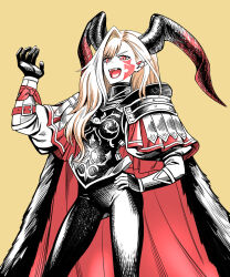 Rule 34 | 1girl, armor, black armor, black bodysuit, black horns, blonde hair, bodysuit, cape, dragon horns, facial mark, fate/grand order, fate (series), fur-trimmed cape, fur trim, hand on own hip, highres, horns, long hair, looking at viewer, nero claudius (fate), nero claudius (fate) (all), pointy ears, queen draco (fate), queen draco (third ascension) (fate), red cape, red eyes, shinsaku (stan-art), shoulder plates, simple background, smile, solo, wavy hair, yellow background