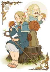 Rule 34 | 1girl, backpack, bag, belt pouch, blonde hair, blue capelet, blue hood, blue robe, blush, braid, burger, capelet, closed eyes, crying, dungeon meshi, eating, elf, food, full body, green eyes, highres, holding, holding food, holding staff, long hair, long sleeves, looking at viewer, marcille donato, multiple views, open mouth, pointy ears, pouch, robe, sitting, sitting on tree stump, smile, staff, tears, tree stump, twin braids, zevania