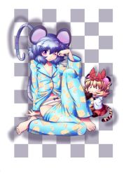 Rule 34 | 2girls, :3, animal ears, arm support, barefoot, bishamonten&#039;s pagoda, blush, bow, bow panties, checkered background, chibi, clothes pull, collarbone, feet, female focus, grey panties, highres, kemonomimi mode, leaning back, mouse ears, multiple girls, nazrin, one eye closed, pajamas, panties, pants, pants pull, raionsan, sitting, striped clothes, striped panties, tail, tiger ears, toramaru shou, touhou, underwear, wince, wink