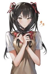 Rule 34 | 1girl, :&lt;, absurdres, black hair, blonde hair, blush, bow, bowtie, closed mouth, commentary request, gompang, hair ribbon, highres, holding, holding hair, long hair, looking at viewer, original, red bow, red bowtie, red ribbon, ribbon, shirt, short sleeves, simple background, solo, sweater vest, twintails, upper body, white background, white shirt