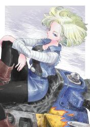 Rule 34 | 1girl, android 18, blonde hair, blue eyes, boots, dragon ball, dragonball z, floating hair, forehead, pantyhose, short hair, sitting, solo, takafumi 696, wind