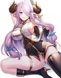 Rule 34 | 1girl, arm behind head, arm up, bare shoulders, belt, belt buckle, black footwear, black gloves, black thighhighs, blue eyes, blush, boots, braid, breasts, brown belt, buckle, commentary request, curled horns, draph, elbow gloves, gloves, granblue fantasy, groin, hair ornament, hair over one eye, high heel boots, high heels, highres, horns, katana, knee boots, large breasts, long hair, looking at viewer, narmaya (granblue fantasy), no panties, parted lips, pointy ears, purple hair, ririko (zhuoyandesailaer), sideboob, single knee boot, single thighhigh, skindentation, solo, sword, thighhighs, very long hair, weapon, white background