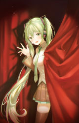 Rule 34 | 1girl, absurdres, bad id, bad pixiv id, bare shoulders, black skirt, black sleeves, blush, breasts, collared shirt, commentary request, curtain grab, curtains, detached sleeves, green eyes, green hair, green necktie, grey shirt, hair ornament, hand up, hatsune miku, headphones, highres, huge filesize, indoors, long hair, looking at viewer, medium breasts, necktie, open mouth, shirt, skindentation, skirt, smile, solo, thighhighs, tokkyu, twintails, very long hair, vocaloid, waving, zettai ryouiki