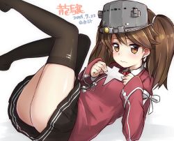 Rule 34 | 10s, 1girl, ass, black thighhighs, blush, brown eyes, brown hair, hat, kantai collection, long hair, looking at viewer, magatama, ryuujou (kancolle), shikigami, simple background, skirt, solo, thighhighs, twintails, visor cap, white background, yufuissei0702