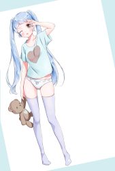 Rule 34 | 1girl, ;o, aqua background, aqua shirt, arm up, blue hair, blush, bow, bow panties, collarbone, dutch angle, full body, heart, heart print, highres, holding, holding stuffed toy, kinako (shiratama mochi), lace, lace-trimmed panties, lace trim, long hair, looking at viewer, no pants, no shoes, one eye closed, open mouth, original, panties, purple thighhighs, ribbon-trimmed panties, ribbon trim, shirt, solo, standing, stuffed animal, stuffed toy, t-shirt, tareme, teddy bear, thighhighs, twintails, two-tone background, underwear, very long hair, white background, white panties