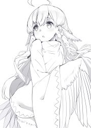 Rule 34 | 1girl, :o, ahoge, bird tail, commentary request, greyscale, hair tubes, harpy, highres, kawasumi (tk2k jade), long hair, long sleeves, looking away, looking to the side, monochrome, monster girl, original, pointy ears, robe, simple background, solo, standing, tail, white background, winged arms, wings