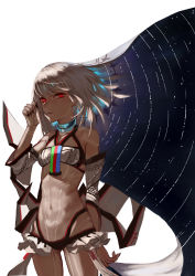 Rule 34 | 10s, 1girl, abs, absurdres, altera (fate), bare shoulders, black nails, breasts, choker, collarbone, commentary request, dark-skinned female, dark skin, detached sleeves, fate/extella, fate/extra, fate/grand order, fate (series), fingernails, full-body tattoo, hand in own hair, headdress, highres, hip focus, jewelry, light trail, looking at viewer, nail polish, navel, red eyes, revealing clothes, showgirl skirt, skirt, small breasts, solo, star (sky), star trail, stomach, tan, tattoo, thighs, veil, white hair, white skirt, xiaoye eago