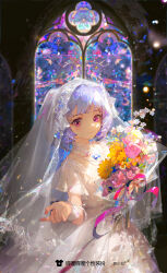 Rule 34 | 1girl, beckoning, blue hair, blunt bangs, bouquet, bridal veil, bride, check copyright, chinese text, church, closed mouth, commission, copyright request, cowboy shot, daisy, dress, eyelashes, flower, hair flower, hair ornament, highres, holding, holding bouquet, jewelry, lace-trimmed sleeves, lace-trimmed wrist cuffs, lace trim, light blush, light particles, looking at viewer, necklace, official art, orange flower, outstretched hand, pink eyes, pink flower, pink ribbon, pink rose, ribbon, rose, shining nikki, short hair, short sleeves, smile, solo, stained glass, sunflower, tulip, veil, wedding dress, white dress, white flower, white ribbon, white sleeves, white veil, white wrist cuffs, wrist cuffs, wrist ribbon, wu xiao xian, yellow flower