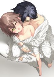 Rule 34 | 1boy, 1girl, bed sheet, black hair, blush, breasts, brown hair, eiyuu densetsu, closed eyes, falcom, feet, green eyes, hakuleg, legs, nipples, one eye closed, open mouth, rean schwarzer, sen no kiseki, short hair, simple background, small breasts, towa herschel, white background