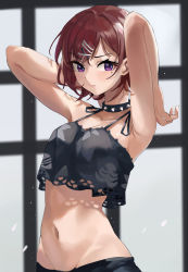 Rule 34 | 1girl, absurdres, arms up, bare arms, bare shoulders, bikini, black bikini, black choker, blush, breasts, brown hair, choker, cleavage, closed mouth, feipin zhanshi, hair ornament, hairclip, highres, higuchi madoka, idolmaster, idolmaster shiny colors, looking at viewer, medium breasts, mole, mole under eye, navel, purple eyes, short hair, solo, spiked choker, spikes, stomach, swimsuit, two-tone background, upper body, v-shaped eyebrows, x hair ornament