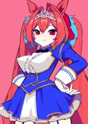 Rule 34 | 1girl, animal ears, blue bow, blue neckwear, blush, bow, check copyright, closed mouth, copyright request, daiwa scarlet (umamusume), daydremec, frills, garter belt, gem, hair between eyes, hair intakes, hands on own hips, highres, light blush, long hair, pink background, puffy sleeves, red eyes, red hair, simple background, smile, solo, tiara, twintails, umamusume, very long hair