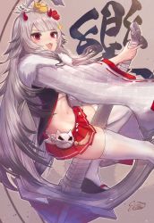 Rule 34 | 1girl, absurdres, ahoge, anchor, azur lane, blunt bangs, commentary request, eicam, fang, grey hair, hibiki (azur lane), highres, holding, holding anchor, horns, long hair, looking at viewer, mask, mask on head, navel, okobo, oni horns, open mouth, pleated skirt, red eyes, red skirt, sandals, sidelocks, signature, skirt, smile, solo, sparkle, stomach, thighhighs, thighs, very long hair, white thighhighs, zouri