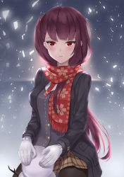 Rule 34 | 1girl, absurdres, black pantyhose, blush, breasts, girls&#039; frontline, gloves, hair ribbon, highres, jacket, long hair, looking at viewer, medium breasts, necktie, official alternate costume, one side up, open clothes, open jacket, open mouth, pantyhose, purple hair, red eyes, ribbon, scarf, side ponytail, sidelocks, smile, snow, snowing, snowman, solo, squatting, thighhighs, very long hair, wa2000 (date in the snow) (girls&#039; frontline), wa2000 (girls&#039; frontline), white gloves, winter clothes