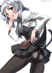 Rule 34 | 1girl, animal ears, artist name, ass, black necktie, black pantyhose, blush, breasts, cat ears, cat tail, highres, hiroshi (hunter-of-kct), looking at viewer, looking back, military, military uniform, necktie, panties, panties under pantyhose, pantyhose, sanya v. litvyak, shiny skin, short hair, silver hair, simple background, small breasts, solo, strike witches, tail, underwear, uniform, white background, white panties, world witches series