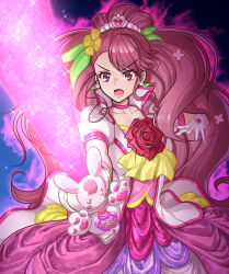 Rule 34 | 1girl, ascot, aura, choker, commentary request, cure grace, dress, earrings, energy sword, flower, flower brooch, frown, gloves, green ribbon, hair flower, hair ornament, hair ribbon, hanadera nodoka, hatsusora sakuta, healin&#039; good precure, highres, jacket, jewelry, leaf earrings, long hair, looking at viewer, magical girl, medium dress, open mouth, partial commentary, pink choker, pink dress, pink eyes, pink hair, pink jacket, precure, puffy short sleeves, puffy sleeves, rabirin (precure), ribbon, short sleeves, solo, sparkle, standing, sword, weapon, white gloves, wide ponytail, yellow ascot, yellow flower