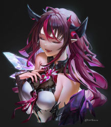 Rule 34 | 1girl, absurdres, artofkuzu, asymmetrical wings, bare shoulders, black background, breasts, bridal gauntlets, closed eyes, commentary, dress, english commentary, hair between eyes, hand on own chest, hand up, highres, hololive, hololive english, horns, irys (hololive), irys (irys 1.0) (hololive), large breasts, long hair, long sleeves, multicolored hair, nail polish, open mouth, pointy ears, purple hair, red eyes, simple background, solo, streaked hair, twitter username, upper body, virtual youtuber, white dress, wings