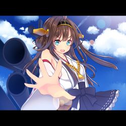 Rule 34 | 10s, 1girl, absurdres, aqua eyes, brown hair, close-up, detached sleeves, hairband, highres, japanese clothes, kantai collection, kiyomin, kongou (kancolle), letterboxed, open mouth, personification, solo
