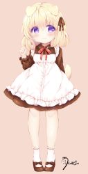 Rule 34 | 1girl, animal ears, apron, bad id, bad pixiv id, blonde hair, blush, bobby socks, bow, brown background, brown bow, brown dress, brown footwear, brown ribbon, closed mouth, collared dress, dog ears, dog girl, dog tail, dress, frilled apron, frills, full body, hair between eyes, hair ribbon, hand up, haru ichigo, highres, long sleeves, maid, neck ribbon, original, purple eyes, red ribbon, ribbon, shoes, signature, simple background, smile, socks, solo, standing, tail, tail raised, white apron, white socks