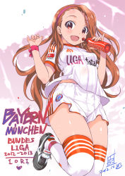 Rule 34 | 1girl, adidas, bottle, breasts, clothes writing, drink, fc bayern munchen, german text, germany, hairband, idolmaster, idolmaster (classic), inoue sora, leg up, looking at viewer, minase iori, ribbon, shoes, shorts, small breasts, smile, sneakers, soccer, soccer uniform, solo, sportswear, sweat, text focus, thighhighs, translated, wrist ribbon