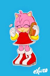 Rule 34 | absurdres, amy rose, breasts, chili dog, dress, excito, fat, female focus, food, highres, medium breasts, red dress, sexually suggestive, sonic (series), speech bubble