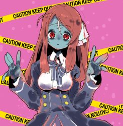 Rule 34 | 1girl, ahoge, bags under eyes, blue skin, bow, bowtie, breasts, buttons, caution tape, colored skin, empty eyes, hair ribbon, hands up, jamir, long hair, long sleeves, looking at viewer, medium breasts, minamoto sakura, one side up, pink background, polka dot, polka dot ribbon, red eyes, red hair, ribbon, scar, scar on face, scar on forehead, solo, underbust, zombie, zombie land saga