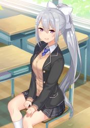 Rule 34 | 1girl, black jacket, black skirt, blazer, blue necktie, blush, book, bow, breasts, cardigan, chair, classroom, collared shirt, commentary request, day, desk, hair between eyes, hair bow, hair ornament, hairclip, hajime kaname, high ponytail, highres, higuchi kaede, higuchi kaede (1st costume), indoors, jacket, kneehighs, long hair, long sleeves, medium breasts, mole, mole under eye, necktie, nijisanji, on chair, open clothes, open jacket, open mouth, plaid, plaid skirt, pleated skirt, ponytail, purple eyes, school, school chair, school desk, shirt, sidelocks, silver hair, sitting, skirt, sleeves past wrists, socks, solo, sunlight, very long hair, virtual youtuber, white bow, white shirt, white socks, window