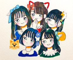 Rule 34 | 050505si, 5girls, animal ears, aqua bow, bad id, bad twitter id, black eyes, black hair, blue bow, blush, bow, character request, copyright request, cropped torso, expressionless, hair bow, long hair, looking at viewer, multiple girls, no nose, orange bow, parted lips, short hair, smile, traditional media, upper body, whiskers
