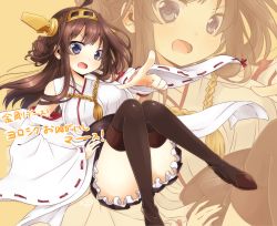Rule 34 | 10s, 1girl, ahoge, bare shoulders, blue eyes, blush, boots, brown hair, detached sleeves, double bun, frilled skirt, frills, hair ornament, hairband, hand on own hip, headgear, highres, japanese clothes, kantai collection, kongou (kancolle), long hair, miko, nobinonki, nontraditional miko, open mouth, personification, pointing, ribbon-trimmed sleeves, ribbon trim, skirt, solo, thigh boots, thighhighs, zoom layer