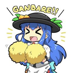 Rule 34 | &gt; &lt;, 1girl, apron, aqua bow, aqua sash, black hat, blouse, blue bow, blue hair, blue sash, bow, cheering, chibi, collared shirt, commentary, dress shirt, emphasis lines, english commentary, food, fruit, ganbaru pose, hands up, hat, hinanawi tenshi, holding, holding pom poms, leaf, long hair, open mouth, peach, pom pom (cheerleading), pom poms, puffy short sleeves, puffy sleeves, rakkidei, red neckwear, romaji text, sash, shaking, shirt, short sleeves, shouting, sidelocks, simple background, solo, touhou, upper body, white apron, white background, white shirt, wing collar