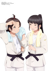 Rule 34 | 2girls, absurdres, belt, black belt, black hair, blunt bangs, blush, brown eyes, brown hair, dougi, grin, highres, hiura towa, japanese clothes, looking at another, megami magazine, mou ippon!, multiple girls, official art, one eye closed, open mouth, ponytail, scan, shirt, sidelocks, simple background, smile, sonoda michi, standing, teeth, towel, towel around neck, upper teeth only, white background, white shirt