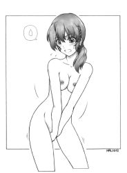 Rule 34 | 1girl, blush, border, border break, breasts, cleavage, collarbone, completely nude, covering crotch, covering privates, cowboy shot, cropped legs, female masturbation, graphite (medium), greyscale, harumachi nagaaki, masturbation, monochrome, motion lines, nipples, nude, open mouth, outside border, simple background, small breasts, solo, spoken sweatdrop, sweat, sweatdrop, traditional media, white background