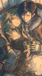 Rule 34 | 1boy, 1girl, alcohol, alternate hairstyle, black choker, black dress, blue hair, breasts, bridal gauntlets, byleth (female) (fire emblem), byleth (fire emblem), chalice, choker, cleavage, cloak, closed eyes, closed mouth, collarbone, commentary request, couch, couple, cup, curtains, dark blue hair, dress, emblem, felix hugo fraldarius, fire emblem, fire emblem: three houses, fur-trimmed cloak, fur trim, gloves, green hair, hair down, hair over shoulder, half-closed eyes, harusame (rueken), head tilt, hetero, holding, indoors, jewelry, light smile, long sleeves, medium breasts, medium hair, nintendo, on couch, orange eyes, parted lips, reclining, red wine, ring, sidelocks, sitting, tsurime, white gloves, wide sleeves, wine