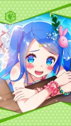 Rule 34 | 1girl, artist request, bandaid, bandaid on face, bandaid on forehead, bead bracelet, bead necklace, beads, blue eyes, blue hair, blush stickers, bracelet, rabbit hair ornament, crossed arms, framed image, hair ornament, highres, jewelry, necklace, official art, phantom of the kill, swimsuit, trident (phantom of the kill), twintails, water