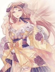Rule 34 | 1girl, absurdres, arms up, bow, breasts, bridal veil, cleavage, commentary, commission, highres, kaneblob, light brown hair, long hair, long sleeves, looking at viewer, medium breasts, purple eyes, sash, simple background, solo, veil, white background, wide sleeves, yellow bow