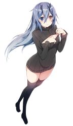 Rule 34 | 1girl, aqua hair, bad id, bad pixiv id, black thighhighs, blue eyes, blue hair, blush, cleavage cutout, clothing cutout, commentary request, gradient hair, hair between eyes, heterochromia, highres, horns, io (pso2), kurebayashi noe, looking at viewer, matching hair/eyes, meme attire, multicolored hair, open-chest sweater, open mouth, phantasy star, phantasy star online 2, revision, ribbed sweater, short hair, simple background, solo, sweater, thighhighs, turtleneck, twitter username, white background, yellow eyes
