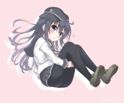 Rule 34 | 10s, 1girl, akatsuki (kancolle), black hair, black pantyhose, blue eyes, blush, flat cap, full body, hair between eyes, hat, heart, hugging own legs, interlocked fingers, kantai collection, loafers, long hair, long sleeves, own hands clasped, own hands together, pantyhose, pink background, pleated skirt, school uniform, serafuku, shirt, shoes, silhouette, simple background, skirt, smile, solo, yakitori (yakitori06)