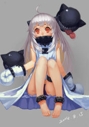 Rule 34 | 10s, 1girl, abyssal ship, ahoge, barefoot, dated, gloves, kantai collection, legs, long hair, looking at viewer, northern ocean princess, orange eyes, panties, shuizhanglang, simple background, sitting, solo, underwear