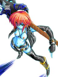 Rule 34 | 1girl, belt, blue skin, boots, bra, breastless clothes, breasts, capcom, cigarette, colored skin, cupless bra, densuke (heppoko dou), elbow gloves, electric guitar, female pubic hair, fingerless gloves, from above, genderswap, genderswap (mtf), gloves, guitar, instrument, jacket, leather, leather boots, leather jacket, medium breasts, middle finger, midnight bliss, nipple piercing, nipple rings, nipples, open clothes, open jacket, over shoulder, piercing, pubic hair, red eyes, red hair, short hair, short shorts, shorts, solo, thigh boots, thighhighs, underwear, vampire (game), zabel zarock, zombie