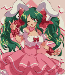 Rule 34 | 1990s (style), 1girl, absurdres, animal ears, blush, cosplay, d4dj, di gi charat, dress, green eyes, green hair, highres, long hair, looking at viewer, multicolored clothes, multicolored dress, one eye closed, pink background, pink dress, rabbit ears, rabbit girl, retro artstyle, shimizu esora, solo, twintails, usada hikaru, usada hikaru (cosplay), white dress, xion (sasakishiorin065)