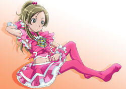 Rule 34 | 1girl, aikawa yousuke, armpits, brooch, brown hair, cosplay, cure melody, cure melody (cosplay), frills, full body, green eyes, hair bobbles, hair ornament, half updo, jewelry, long hair, magical girl, minamino kanade, pantyhose, pink skirt, pink thighhighs, precure, sitting, skirt, solo, suite precure, thighhighs, wrist cuffs
