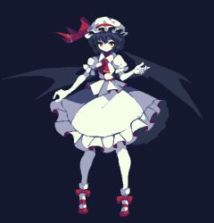 Rule 34 | 1girl, 4qw5, ascot, bat wings, black background, black hair, black wings, bow, closed mouth, footwear bow, frilled skirt, frills, full body, hat, hat ribbon, highres, looking at viewer, mob cap, pixel art, red ascot, red eyes, red footwear, remilia scarlet, ribbon, shirt, short hair, simple background, skirt, solo, touhou, white hat, white shirt, white skirt, wings