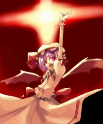 Rule 34 | 1girl, bat wings, female focus, hat, hat ribbon, mob cap, open mouth, outstretched arm, outstretched hand, purple hair, red eyes, remilia scarlet, ribbon, short hair, solo, touhou, wings, wrist cuffs
