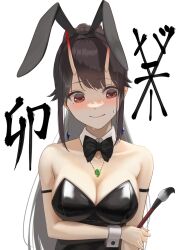 Rule 34 | 1girl, absurdres, animal ears, armlet, black bow, black bowtie, black hair, black leotard, blush, bow, bowtie, breasts, brown eyes, calligraphy brush, chinese zodiac, cleavage, closed mouth, collar, commentary, earrings, fake animal ears, hand on own arm, highres, holding, holding brush, horns, jewelry, large breasts, leotard, long hair, looking away, magatama, mole, mole under eye, new year, oni horns, original, paintbrush, playboy bunny, ponytail, rabbit ears, simple background, smile, solo, strapless, strapless leotard, sweatdrop, takkun0926, translated, upper body, white background, white collar, wing collar, wrist cuffs, year of the rabbit