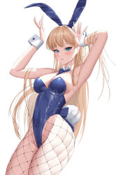 Rule 34 | 1girl, absurdres, angrycat (tkuw2438), animal ears, blonde hair, blue archive, blue bow, blue bowtie, blue eyes, blue leotard, blush, bow, bowtie, breasts, cowboy shot, detached collar, fake animal ears, fake tail, fingernails, fishnet pantyhose, fishnets, highres, leotard, long hair, looking at viewer, medium breasts, official alternate costume, open mouth, pantyhose, rabbit ears, rabbit tail, simple background, solo, strapless, strapless leotard, tail, toki (blue archive), toki (bunny) (blue archive), white background, wrist cuffs
