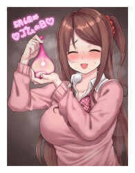 Rule 34 | 1girl, akabane youko, akkgsyk, blush, border, breasts, brown hair, collared shirt, condom, cum, dress shirt, facing viewer, fang, female focus, hair ornament, hair scrunchie, highres, holding, holding condom, large breasts, long hair, long sleeves, nijisanji, nose blush, one side up, open clothes, open mouth, open shirt, orange scrunchie, parted bangs, pink sweater, school uniform, scrunchie, shirt, smile, solo, sweat, sweater, teeth, upper body, upper teeth only, used condom, very long hair, virtual youtuber, white border, white shirt, wing collar
