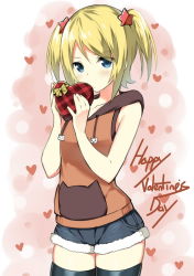 Rule 34 | 1girl, bare arms, black thighhighs, blonde hair, blue eyes, blush, box, candy, cathead, chocolate, chocolate heart, collarbone, cowboy shot, denim, denim shorts, english text, food, gift, gift box, happy valentine, heart, heart-shaped box, highres, holding, holding gift, jacket, looking at viewer, original, pink background, short hair, short shorts, shorts, simple background, skindentation, sky-freedom, sleeveless, solo, standing, tareme, thighhighs, twintails, ueno kyouko, valentine