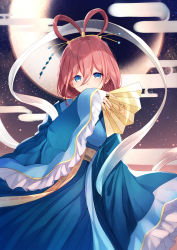 Rule 34 | 1girl, bison cangshu, blue eyes, blue kimono, blush, breasts, commentary request, dot nose, folding fan, go-toubun no hanayome, hair between eyes, hair ornament, hair rings, hand fan, highres, japanese clothes, kimono, large breasts, long hair, long sleeves, looking at viewer, moon, nakano miku, night, night sky, painttool sai (medium), photoshop (medium), sky, sleeves past wrists, solo, star (sky), starry sky, wide sleeves
