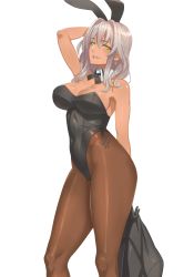 Rule 34 | 1girl, animal ears, arm up, bare shoulders, breasts, cleavage, damegane, detached collar, earrings, eyebrows, fake animal ears, from side, hair between eyes, highres, jewelry, large breasts, leotard, long hair, looking to the side, open mouth, original, pantyhose, parted lips, playboy bunny, rabbit ears, reena (damegane), silver hair, simple background, solo, white background, yellow eyes