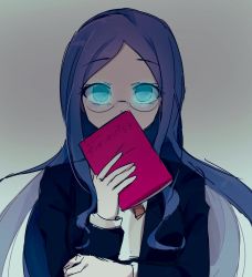 Rule 34 | 1girl, blazer, blue jacket, book, commentary request, covering own mouth, danganronpa (series), danganronpa v3: killing harmony, glasses, glowing, glowing eyes, green eyes, grey background, hands up, highres, holding, holding book, jacket, long hair, long sleeves, looking at viewer, open book, open clothes, open jacket, parted bangs, raimone (nekokirinv3), school uniform, shirogane tsumugi, shirt, simple background, solo, staring, translation request, upper body